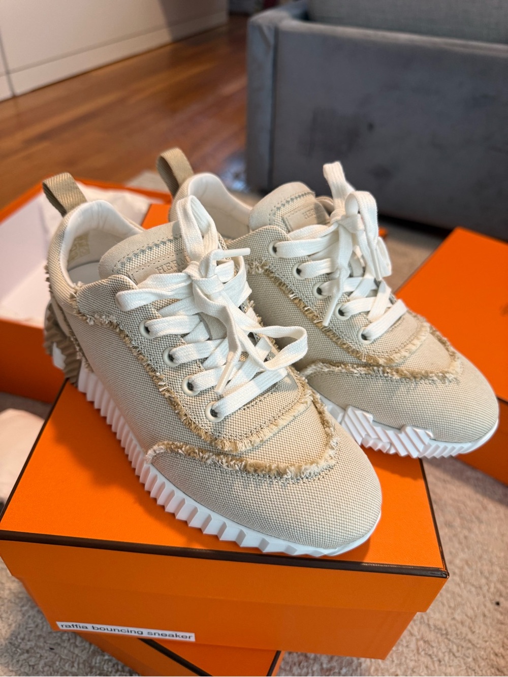 Hermes Cream Canvas Raffia Bouncing Sneakers
